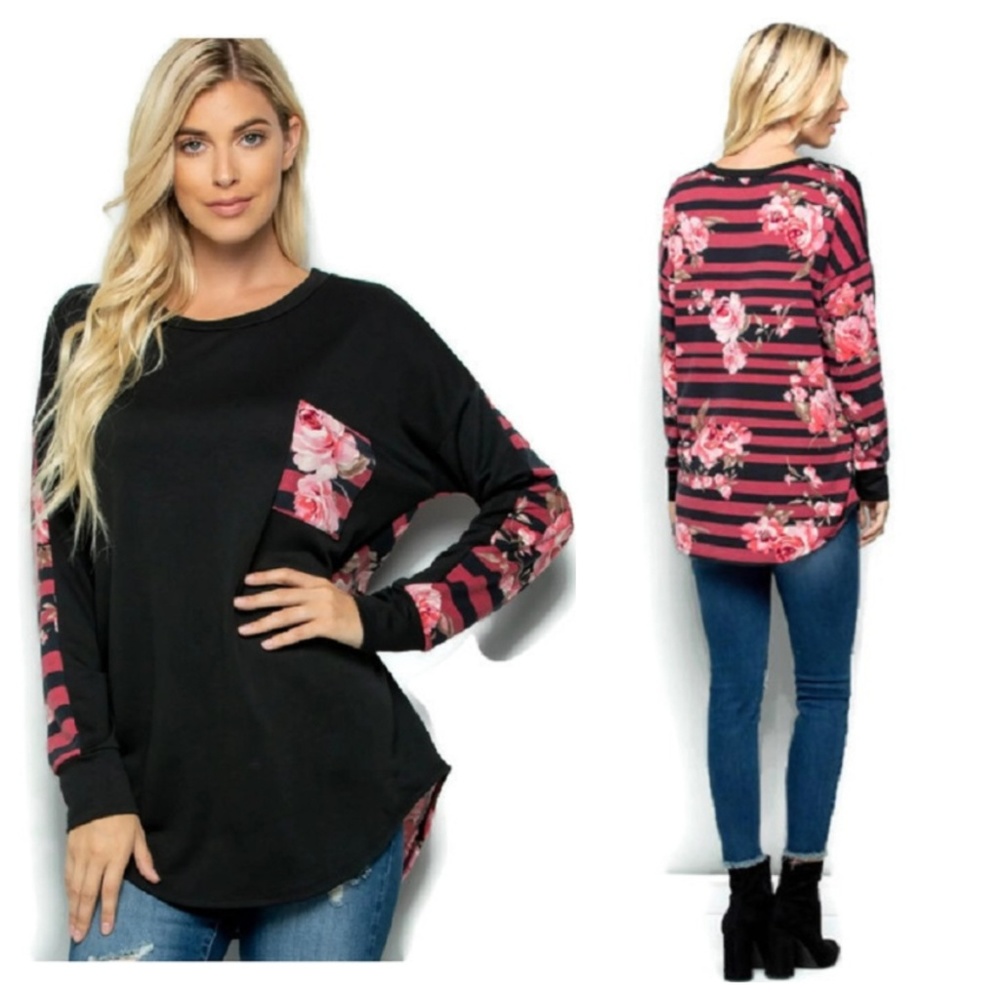 Floral Contrast Long Sleeve Top w/ Front Pocket